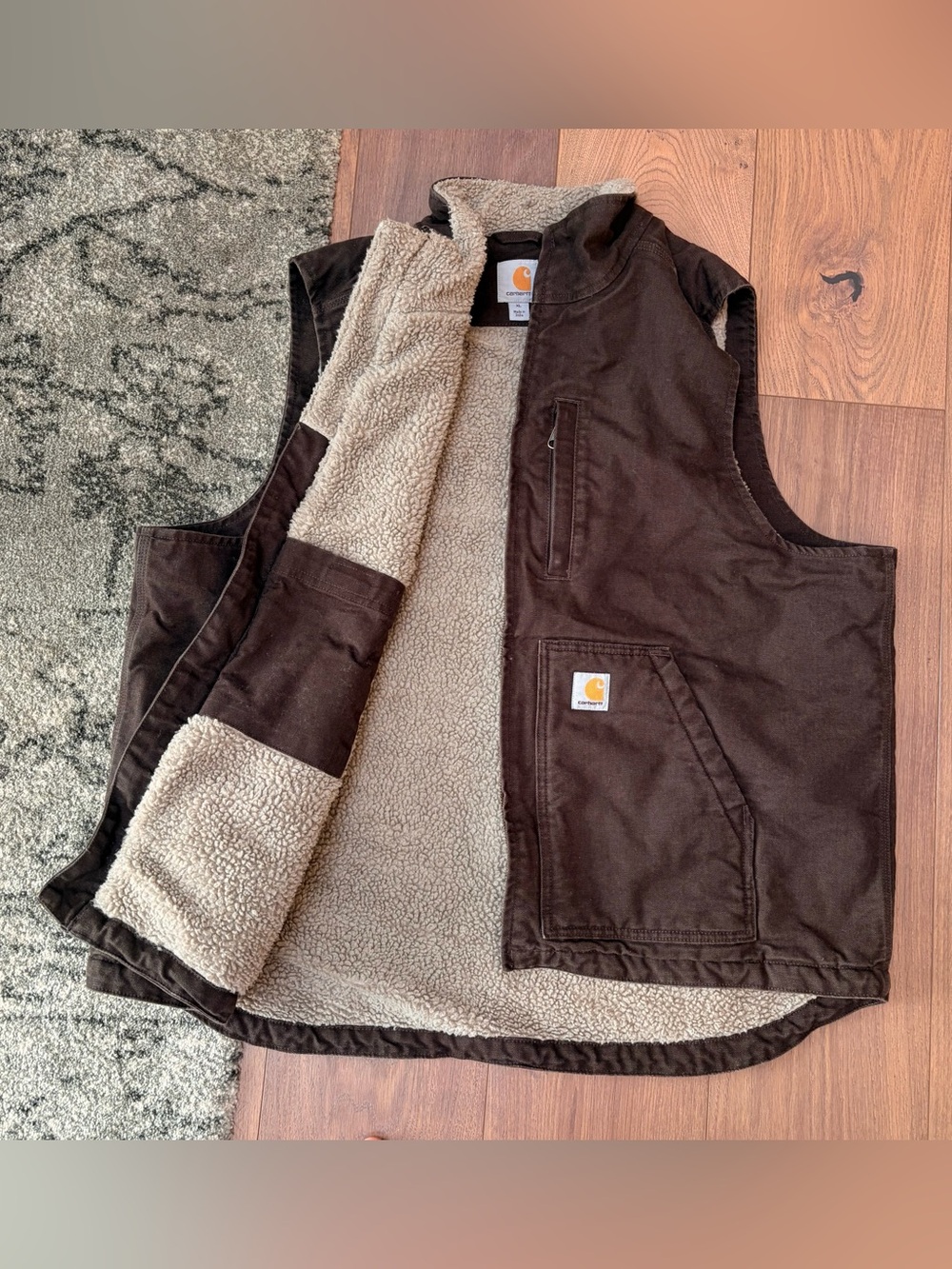 Mens Carhartt Dark Brown Vest with Cream Sherpa Lining